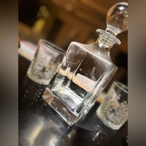 Tiffany Classic Crystal Square Decanter and Libby Crystal whiskey glasses bar